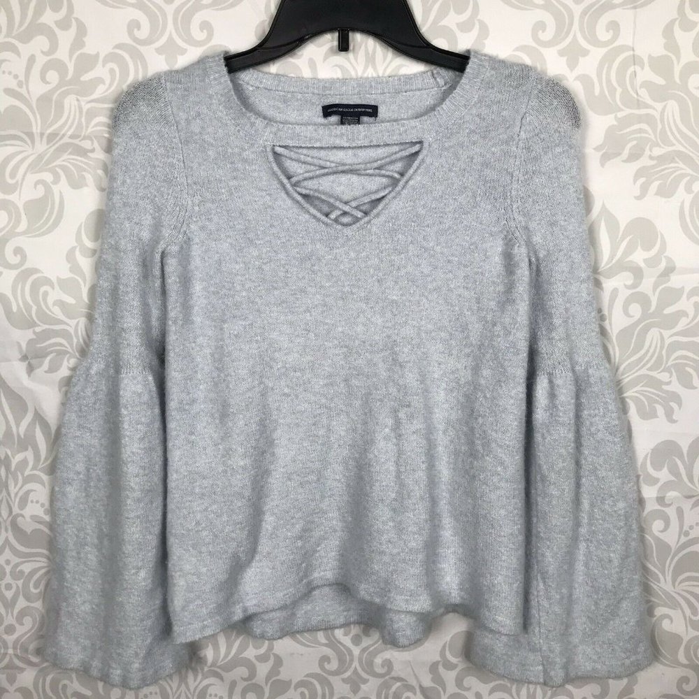 American Eagle Blue Lace Up Bell Sleeve Sweater